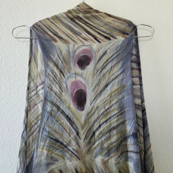 Adore Peacock Feather Print Open Front Vest Cardigan Waterfall Hem Women Size L - Picture 7 of 11